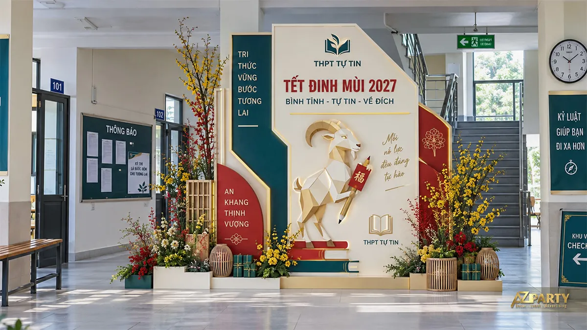 Góc check-in hành lang trung học với dê hình khối và sách