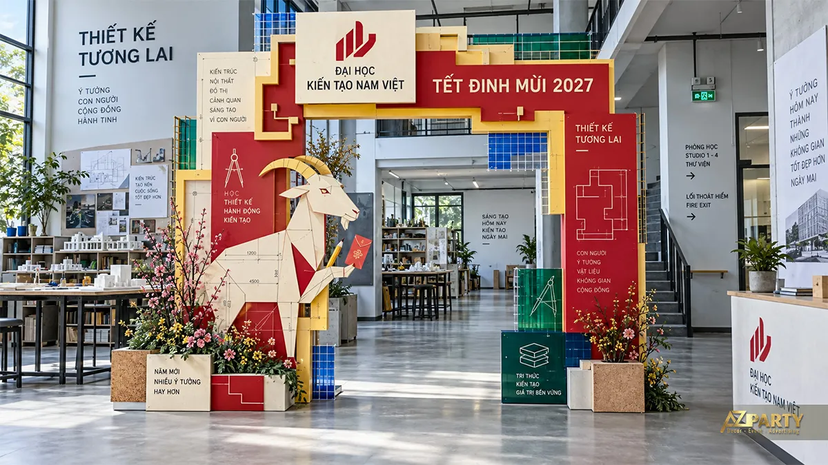 Cổng khoa kiến trúc với linh vật dê cầm bút và các khối bản vẽ