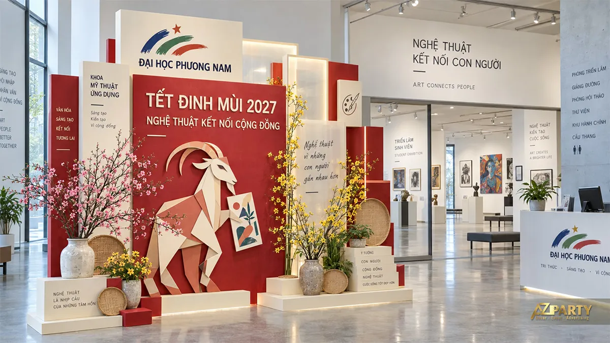 Backdrop khoa mỹ thuật với linh vật dê hình khối cầm tranh
