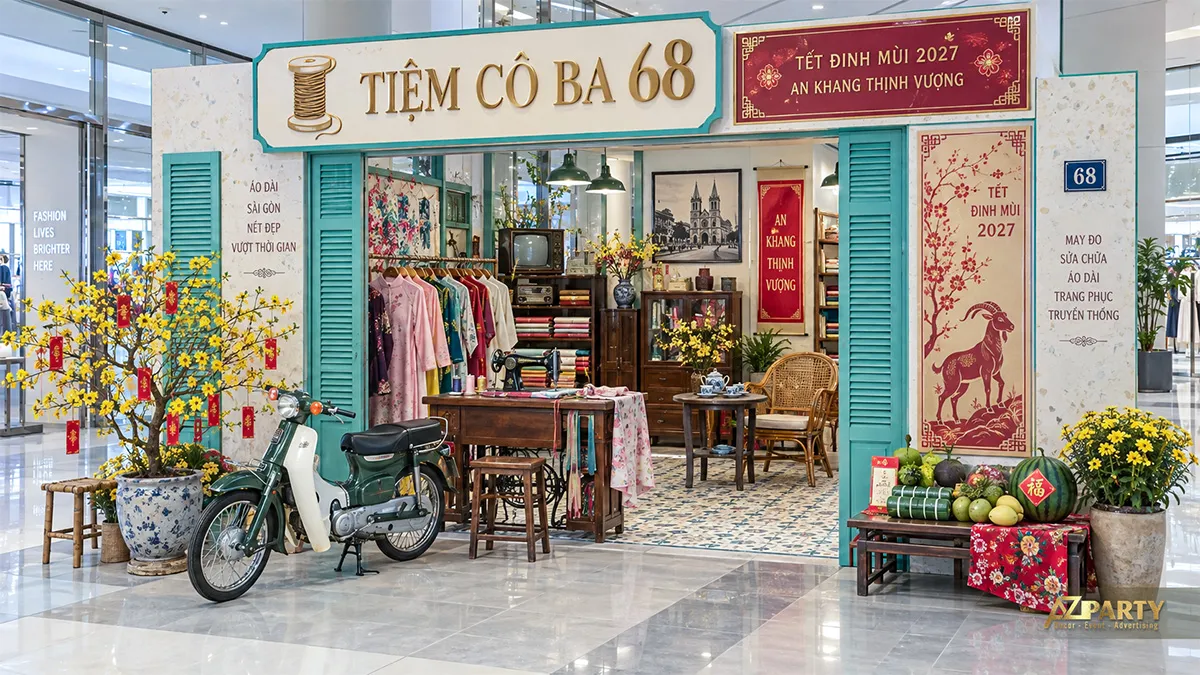 Tiệm may áo dài xưa với xe Cub, máy may và bàn bày mâm ngũ quả