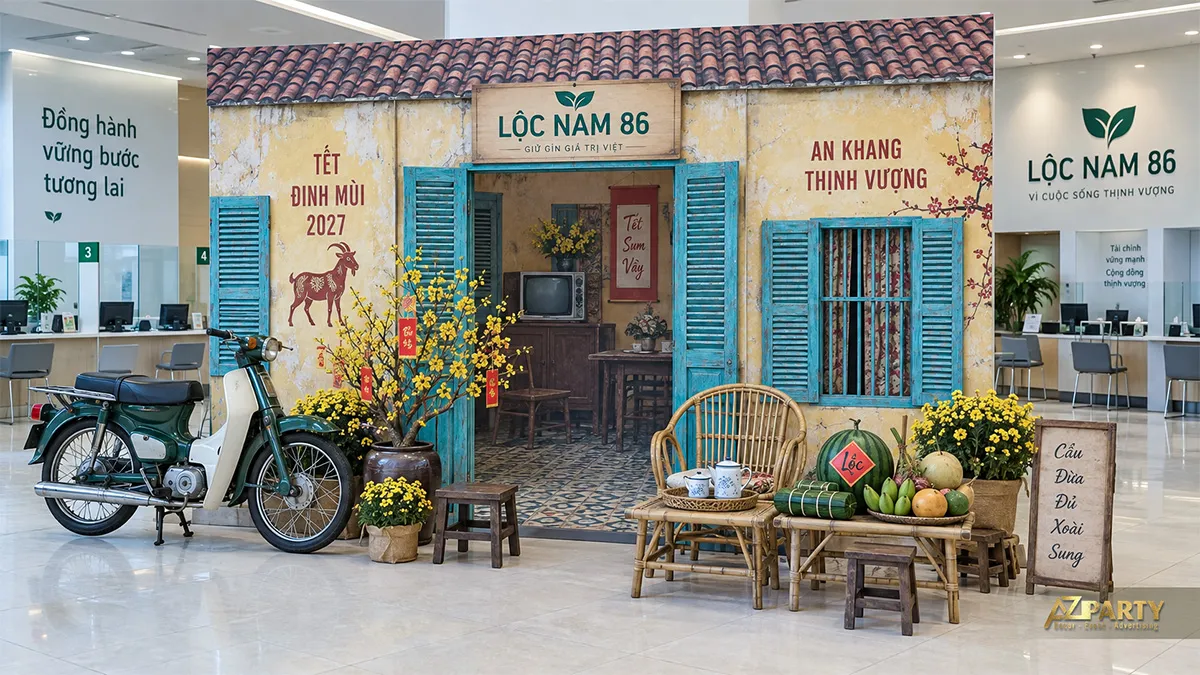 Mặt tiền nhà cũ với xe Cub, cửa chớp xanh và bàn trà mừng Xuân