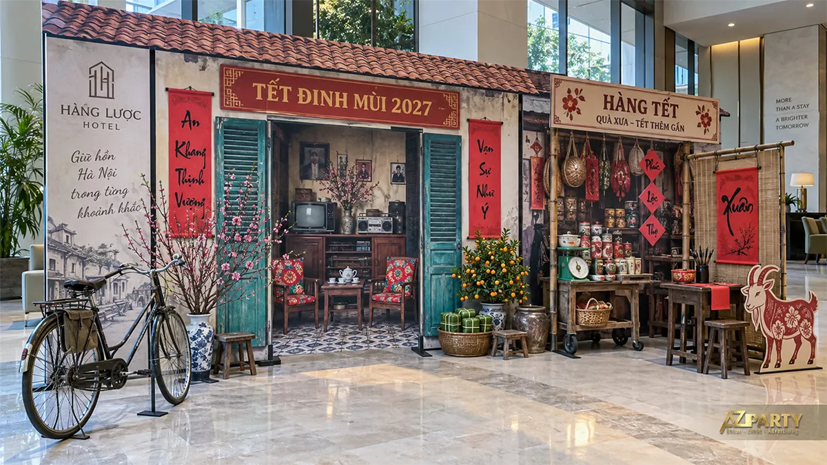 Không gian hàng Tết với xe đạp, tivi cổ, mành tre và quầy đồ khô