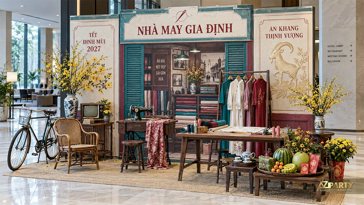 Nhà may gia đình với máy may, áo dài, xe đạp và mâm trái cây