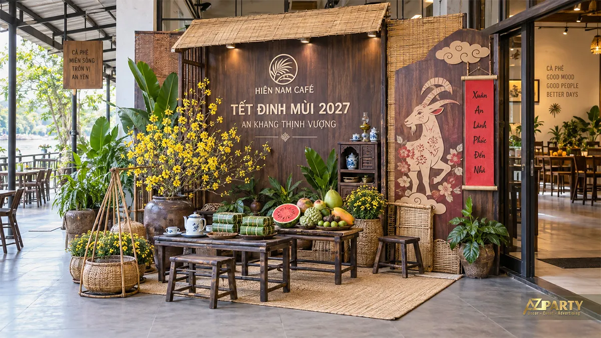 Góc cà phê ven sông với bàn gỗ, bánh tét, hoa mai và tranh dê