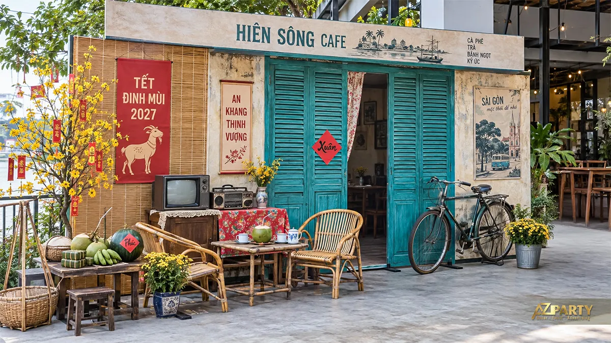 Mặt tiền quán cà phê cũ với cửa chớp xanh, xe đạp và ghế mây