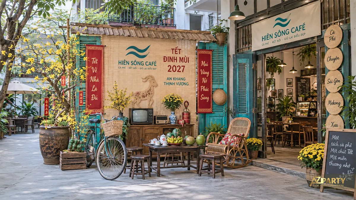Không gian cà phê hoài niệm với xe đạp, bàn trà và giỏ trái cây