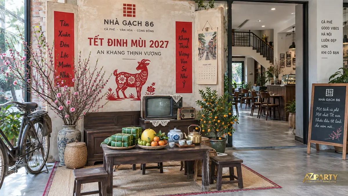 Bàn trà ngày Xuân trong quán cà phê với tivi cổ, mâm quả và xe đạp