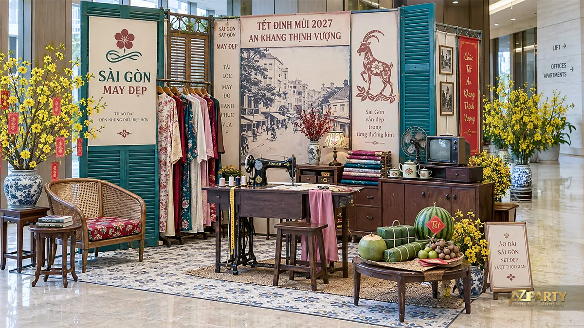 Tiệm may Sài Gòn xưa với máy may, áo dài, vải cuộn và tivi cổ