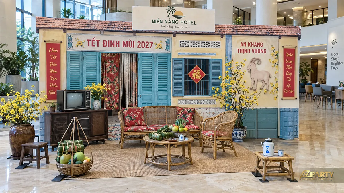 Nhà mái ngói với cửa chớp xanh, salon mây, tivi cổ và hoa mai
