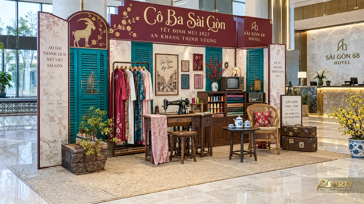 Tiệm áo dài Sài Gòn với máy may, vali da, vải vóc và ghế mây