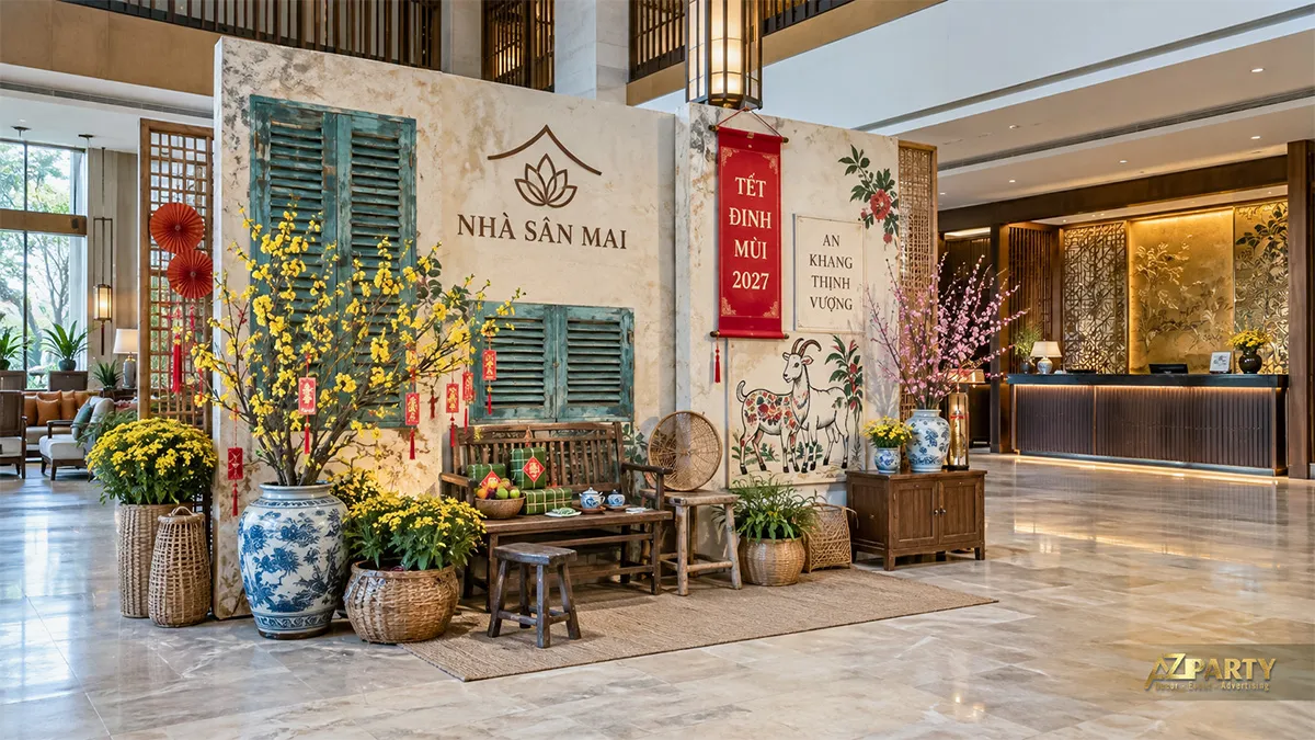 Góc sảnh có cửa chớp gỗ, ghế băng, bình mai và tranh dê