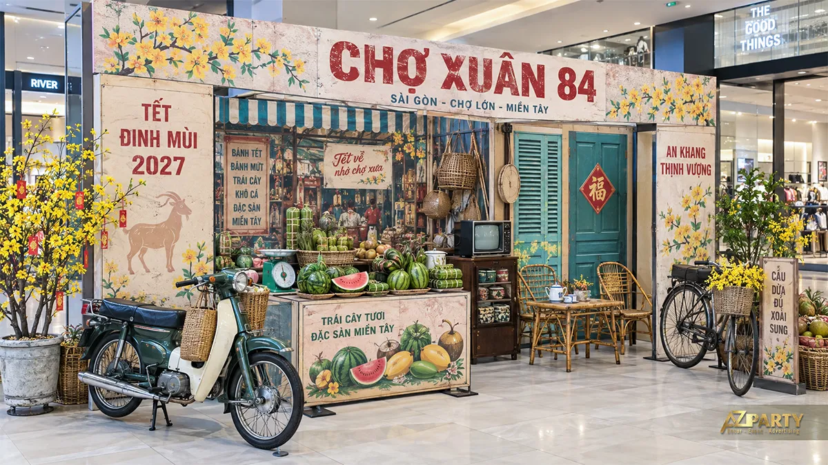 Quầy chợ Xuân bày dưa hấu, trái cây, bánh tét và xe Cub