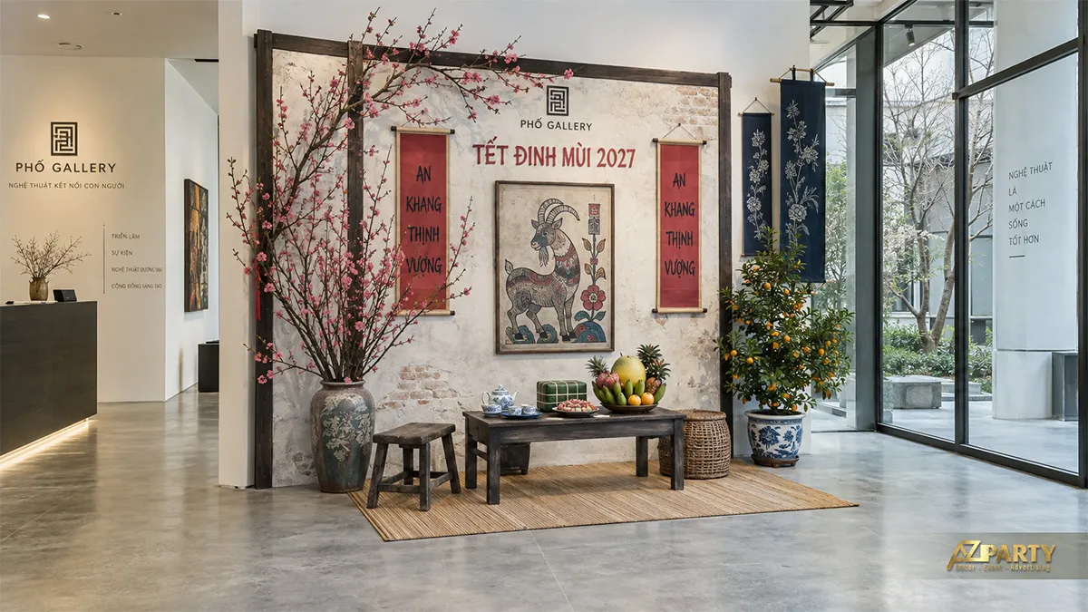 Góc triển lãm với tranh dê, bình đào, mâm quả và bàn trà gỗ