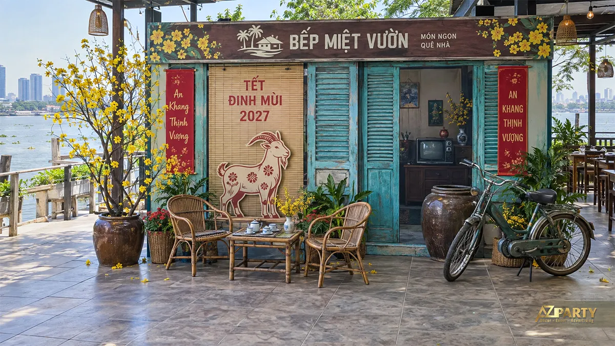 Góc quán ven sông với cửa chớp xanh, xe Cub và ghế mây