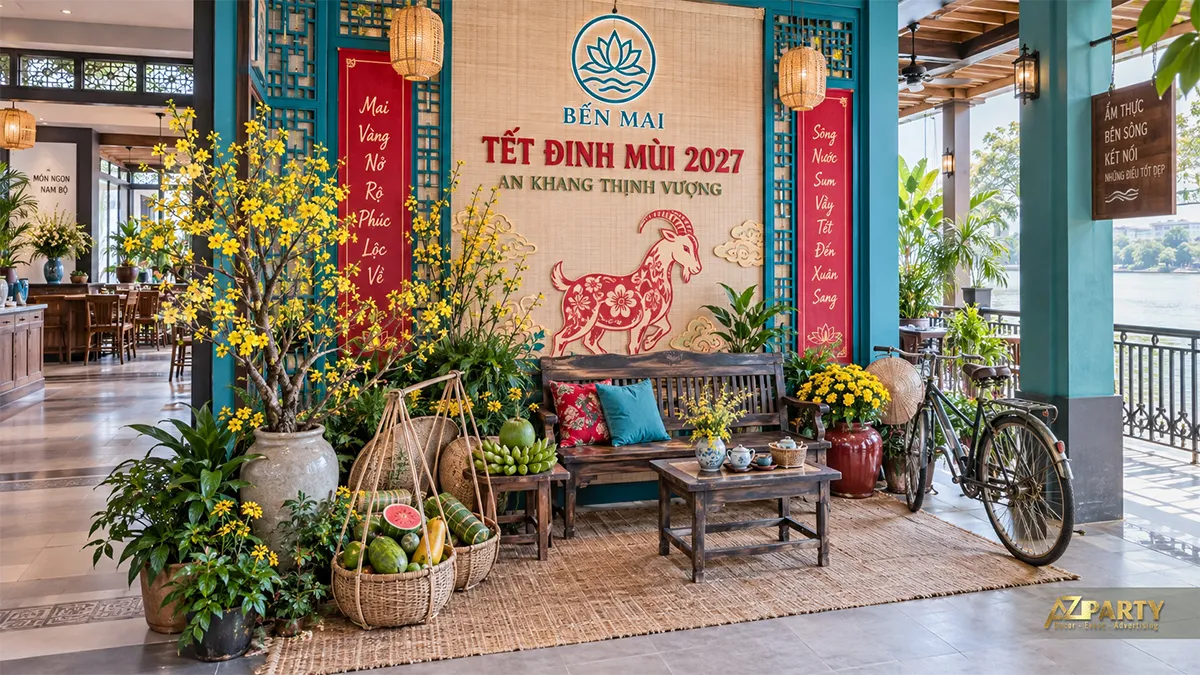 Nhà hàng ven sông với tranh dê, băng ghế gỗ và gánh trái cây