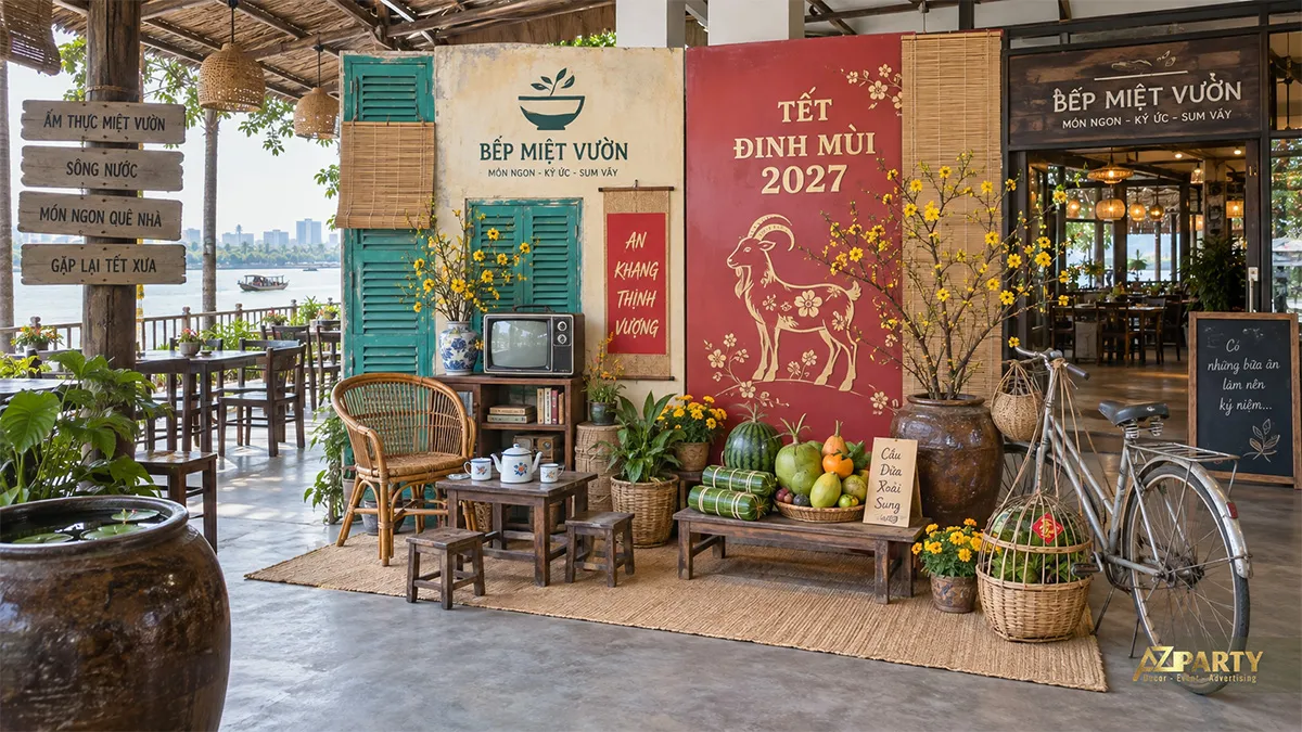 Góc bếp ven sông với nền đỏ, tivi cổ, xe đạp và mâm quả