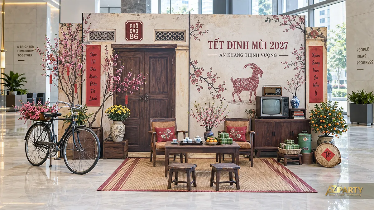 Mặt tiền phố cũ với xe đạp, ghế mây, tủ radio và bình đào