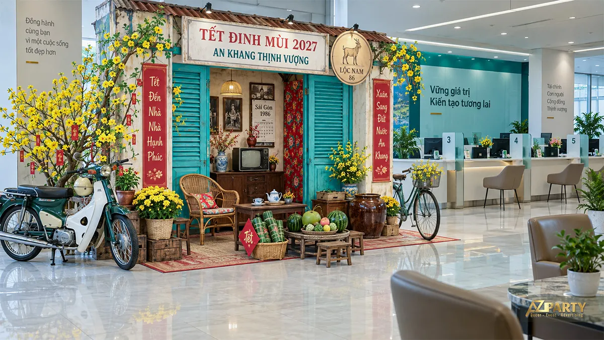 Nhà cũ bên sảnh ngân hàng với xe Cub, xe đạp và giỏ bánh tét