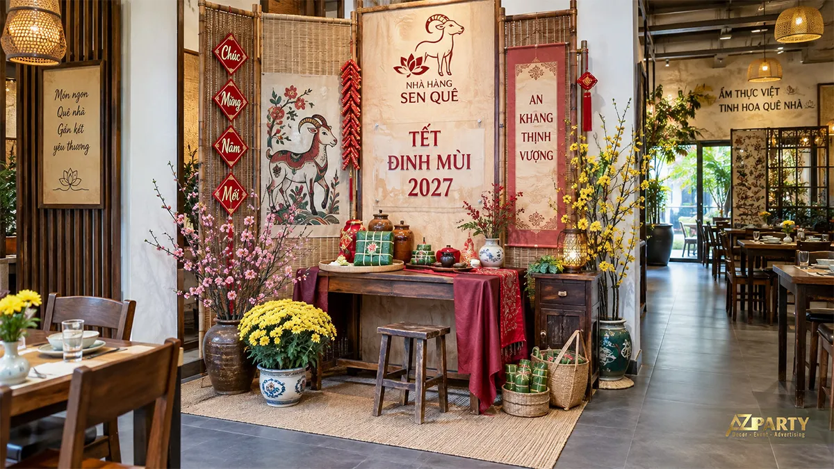 Góc nhà hàng với tranh dê, bàn gỗ, bánh tét và cành đào mai