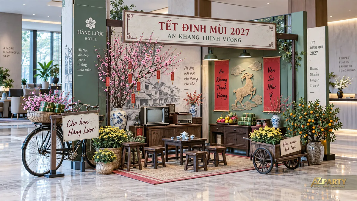Tiểu cảnh hàng hoa Hàng Lược với xe đạp, xe đẩy và tivi cổ