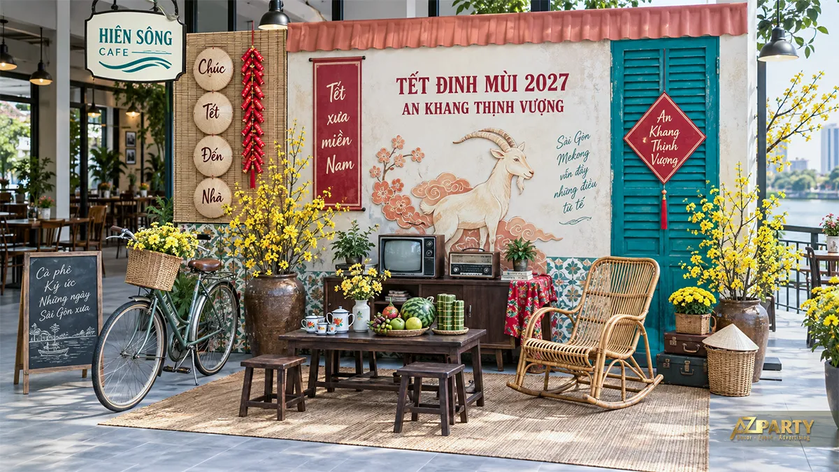 Quán cà phê ven sông với xe đạp, ghế mây, mâm quả và tivi cổ
