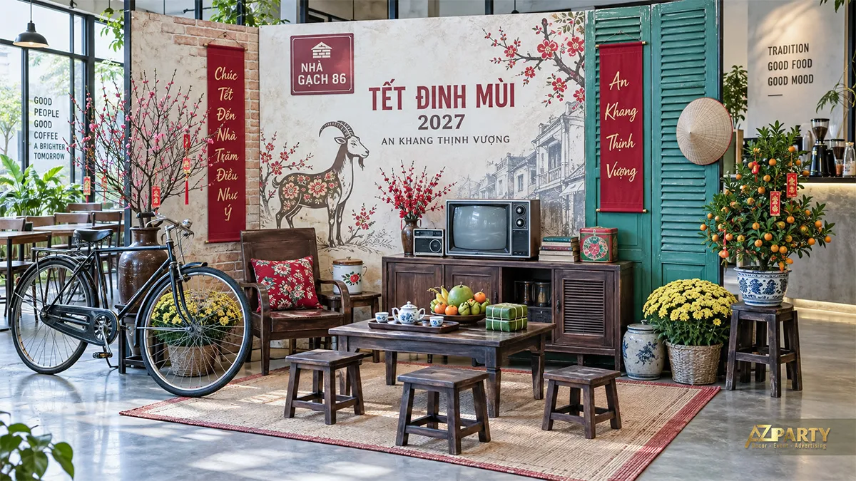 Góc quán cũ với xe đạp, ghế gỗ, tivi radio và cây quất