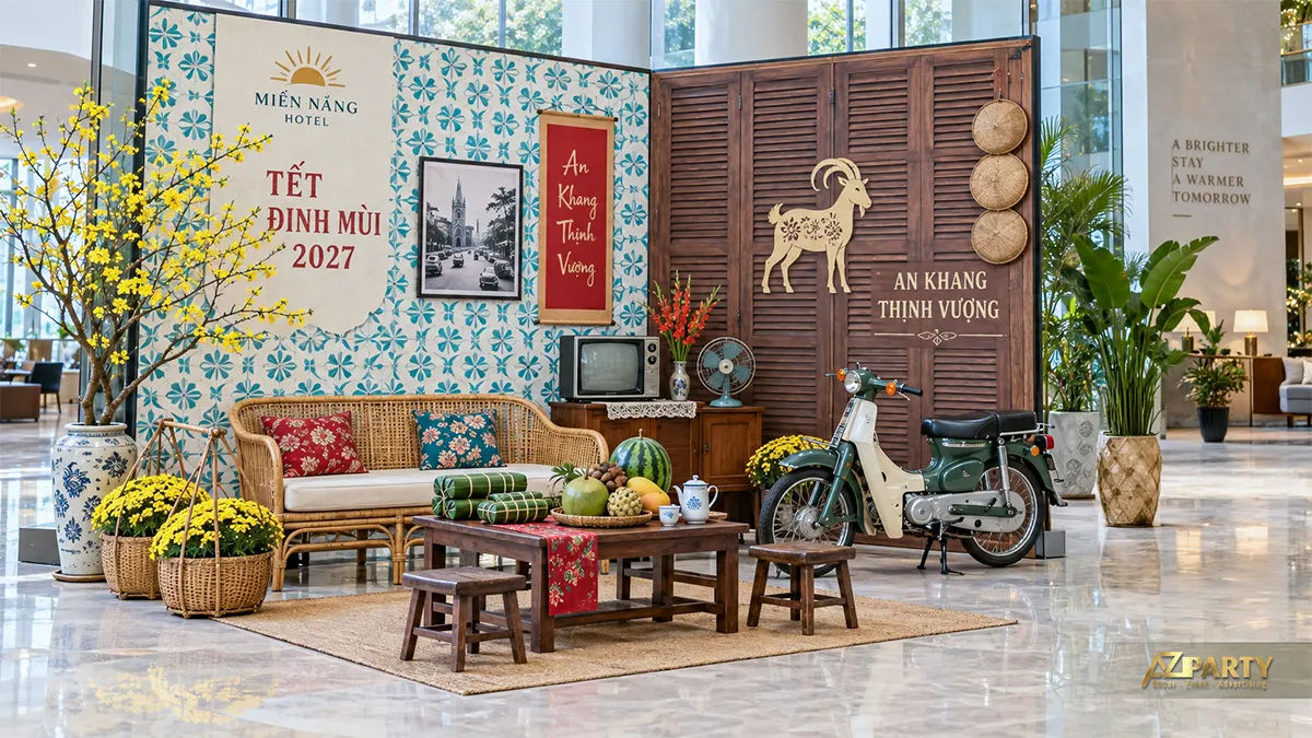 Sảnh khách sạn với gạch bông, sofa mây, xe Cub và mâm ngũ quả