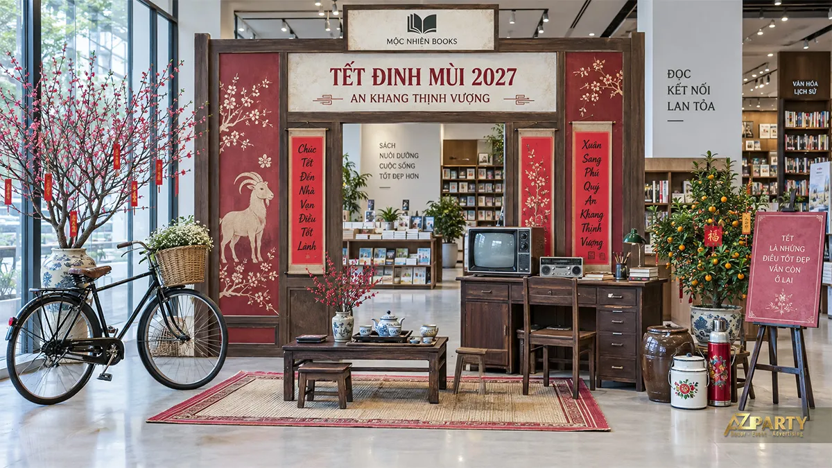 Cổng nhà sách với xe đạp, bàn làm việc gỗ, tivi cổ và cây quất