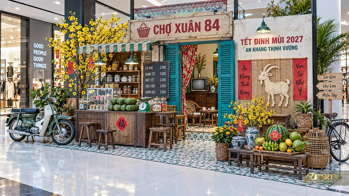 Gian chợ Xuân với xe Cub, kệ bánh mứt, cân đĩa và mâm quả