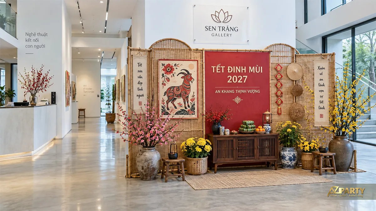 Góc gallery tre với tranh dê, bình đào, chậu cúc và bánh tét
