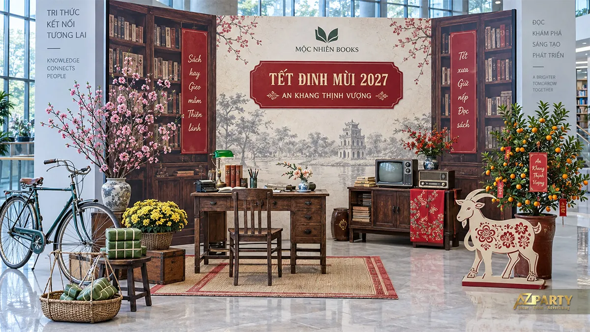 Thư viện xưa với bàn học gỗ, tivi radio, xe đạp và chậu quất