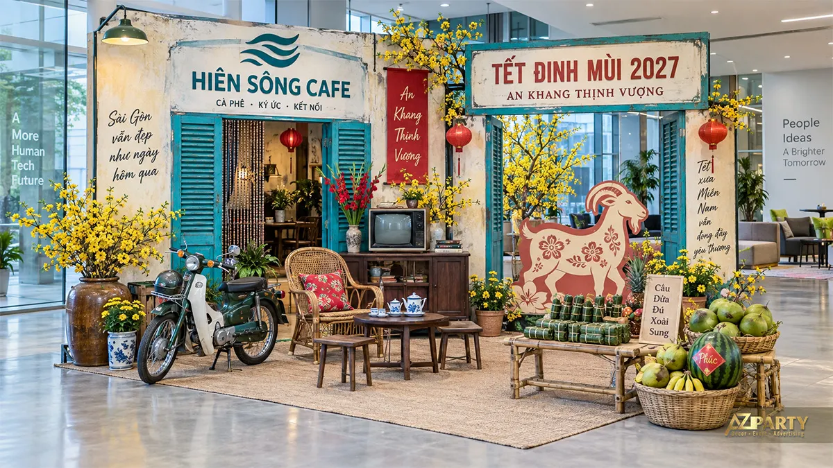 Cổng quán cà phê với xe Cub, mâm trái cây, bánh tét và hoa mai