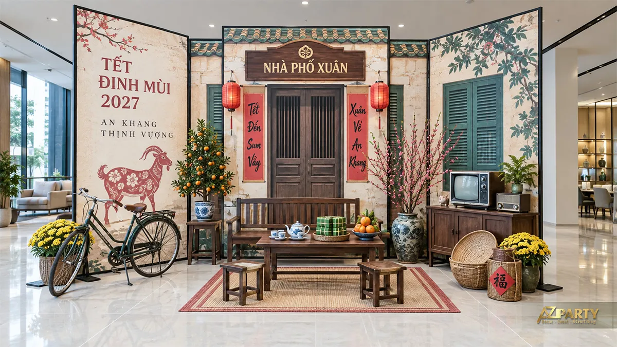 Góc nhà xưa với cửa gỗ, xe đạp, tivi cổ, bánh tét và chậu quất