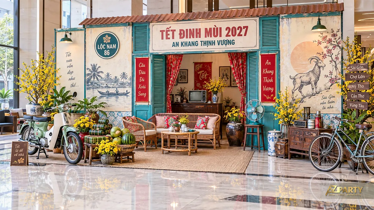 Góc nhà cũ với rèm vải đỏ, xe Cub, salon mây và xe đạp