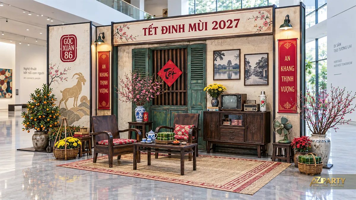 Góc Xuân 86 với tivi radio, ghế gỗ, chậu quất và cành đào