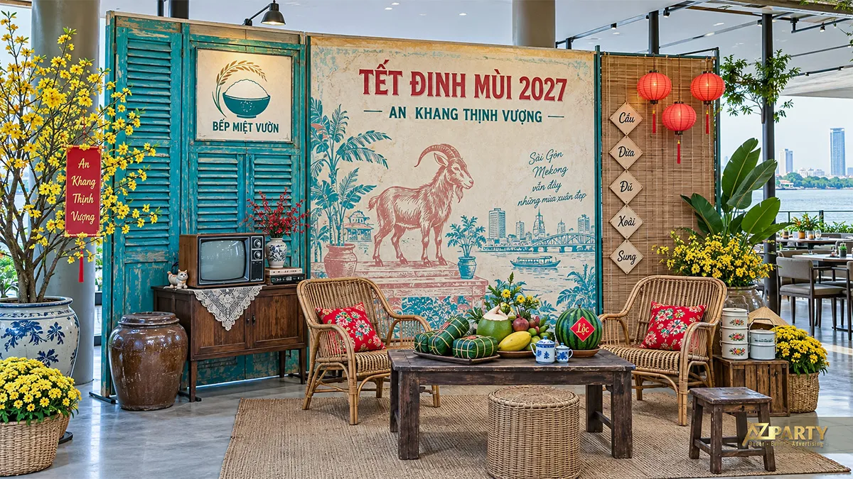 Không gian ven sông với tranh dê, ghế mây, bánh tét và đèn lồng