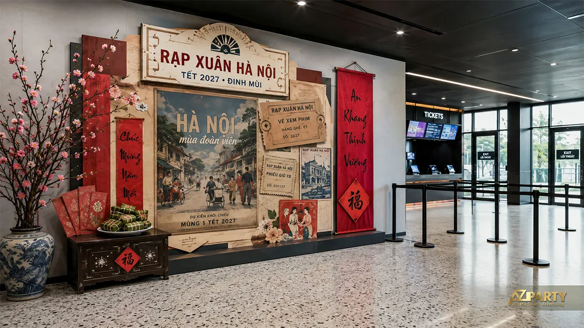 Rạp Xuân Hà Nội với poster phim cũ, bánh tét và cành đào