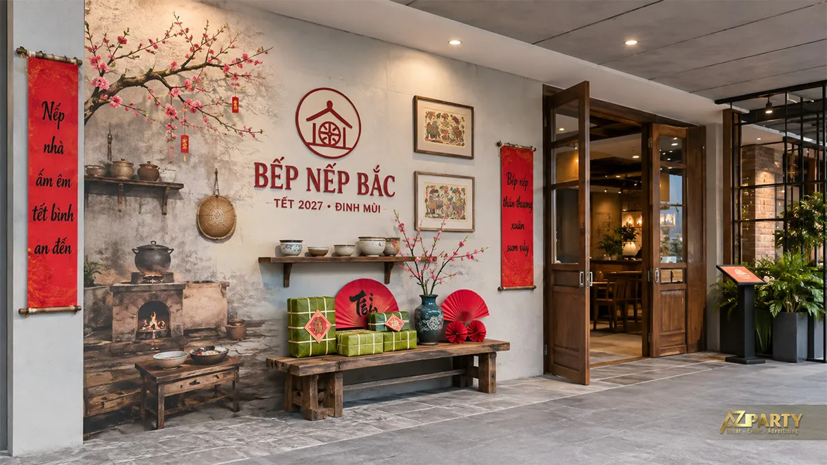 Góc bếp Bắc với nồi đất, bánh chưng, quạt giấy và cành đào