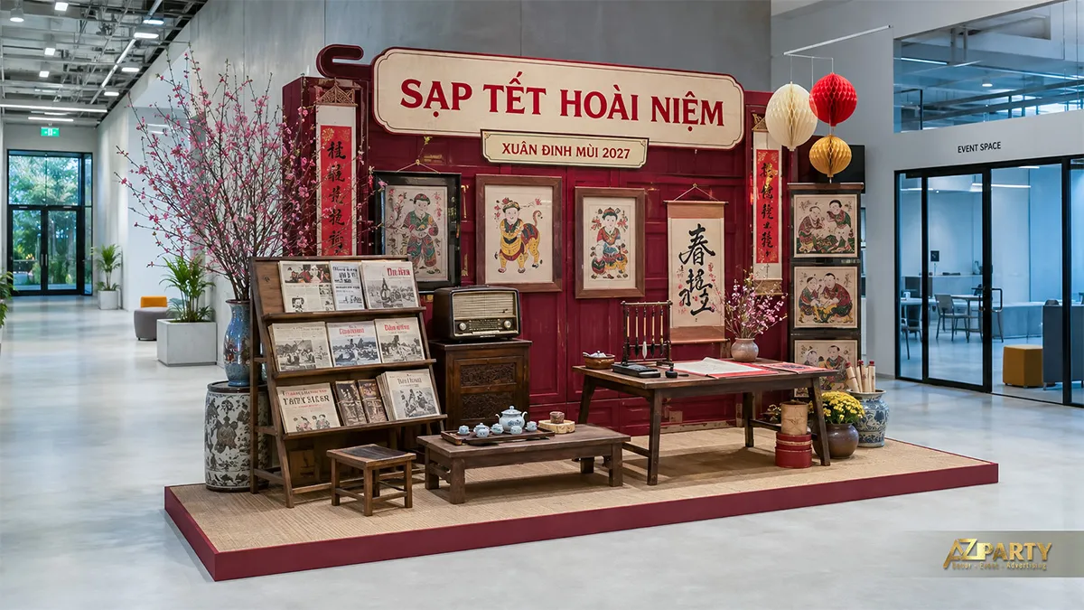 Sạp Tết hoài niệm với báo cũ, radio, bàn trà và tranh dân gian
