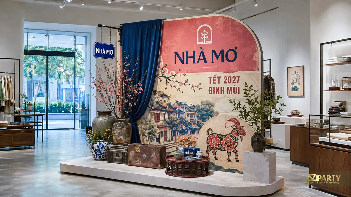 Không gian cửa hàng với phông phố cổ, vali da, radio và tranh dê
