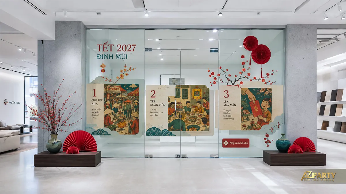 Vách kính Tết 2027 với tranh chợ quê, mâm cơm đoàn viên và lì xì