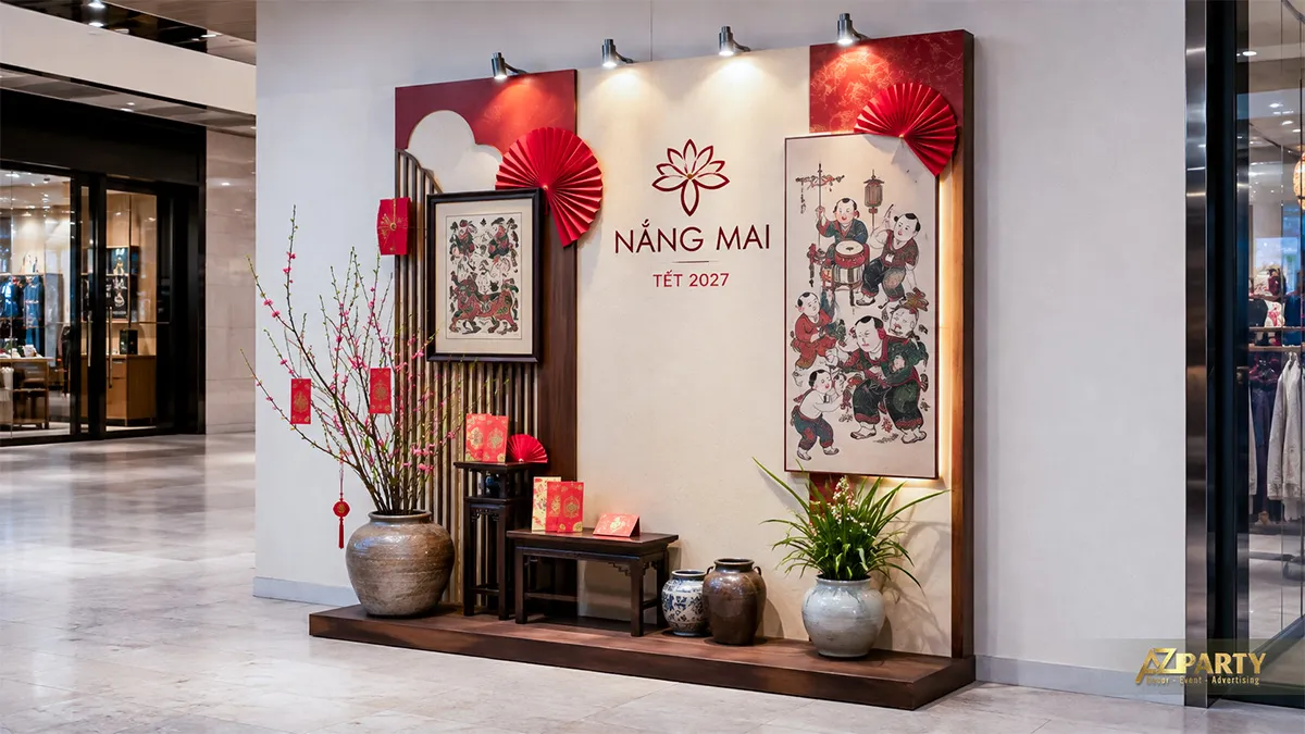 Góc trung tâm thương mại với tranh dân gian, quạt giấy đỏ và phong bao lì xì