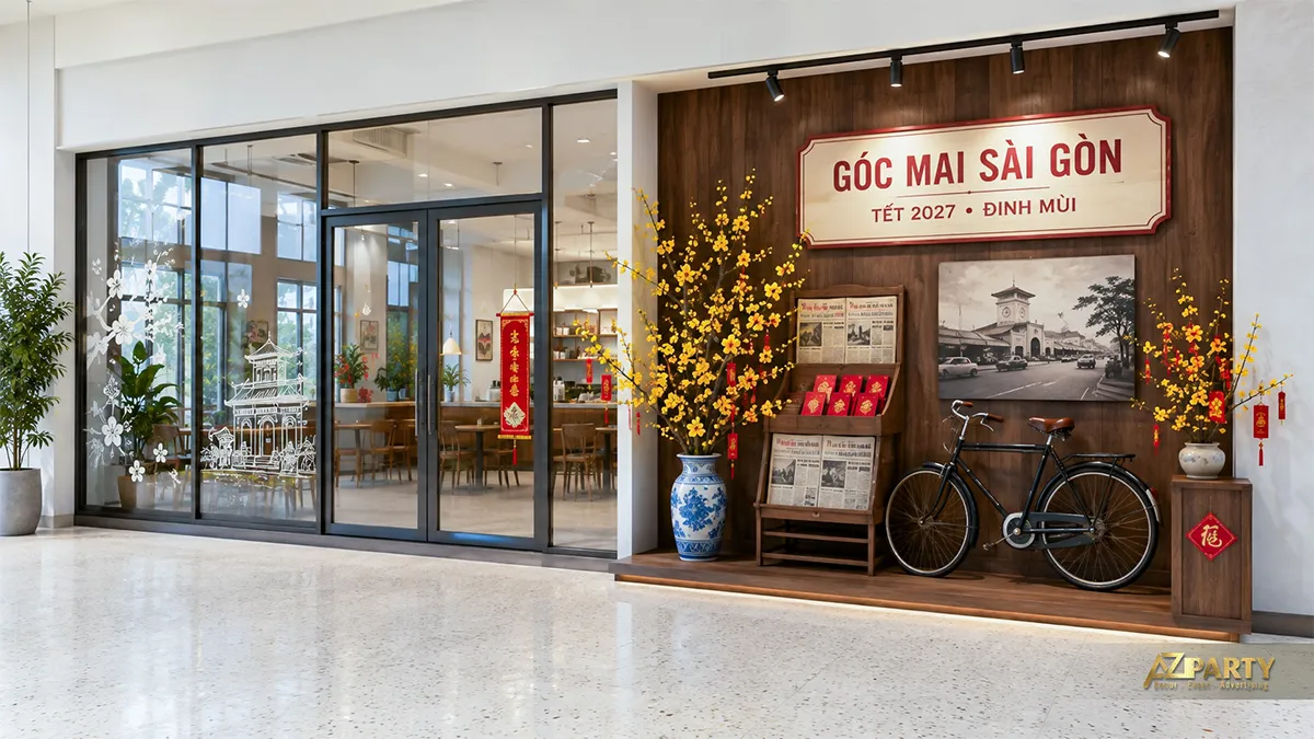 Góc Mai Sài Gòn với xe đạp, báo cũ, ảnh Bến Thành và hai bình mai