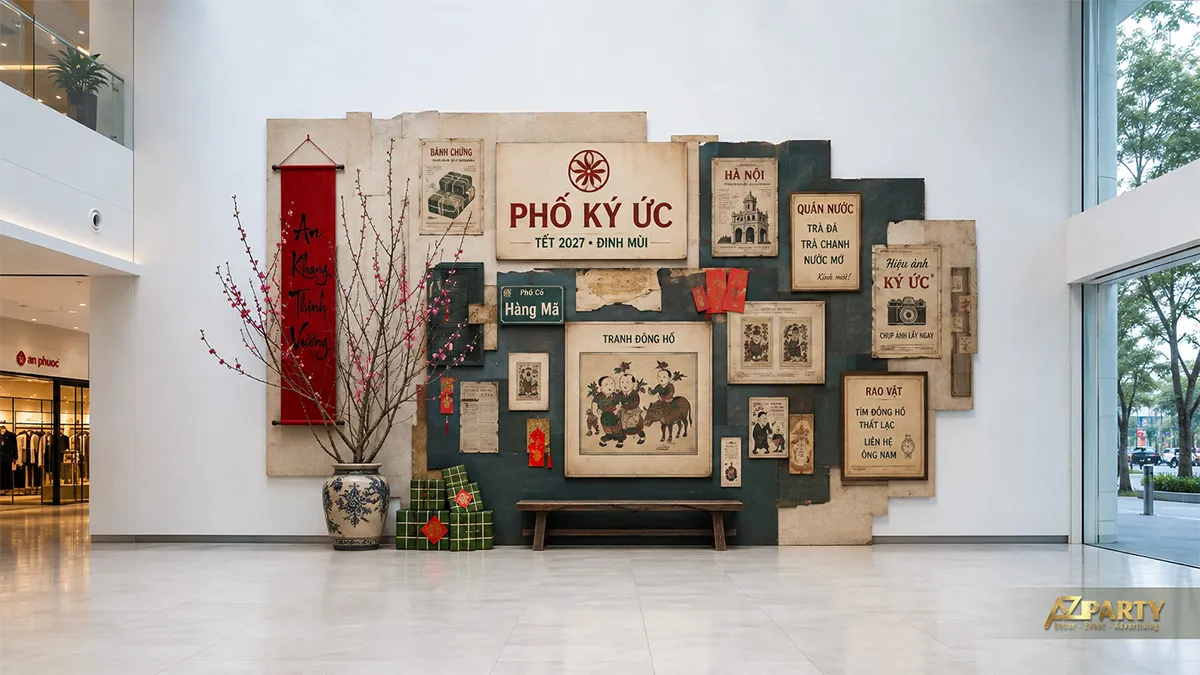 Vách Phố Ký Ức với tranh Đông Hồ, báo cũ, bánh chưng và cành đào