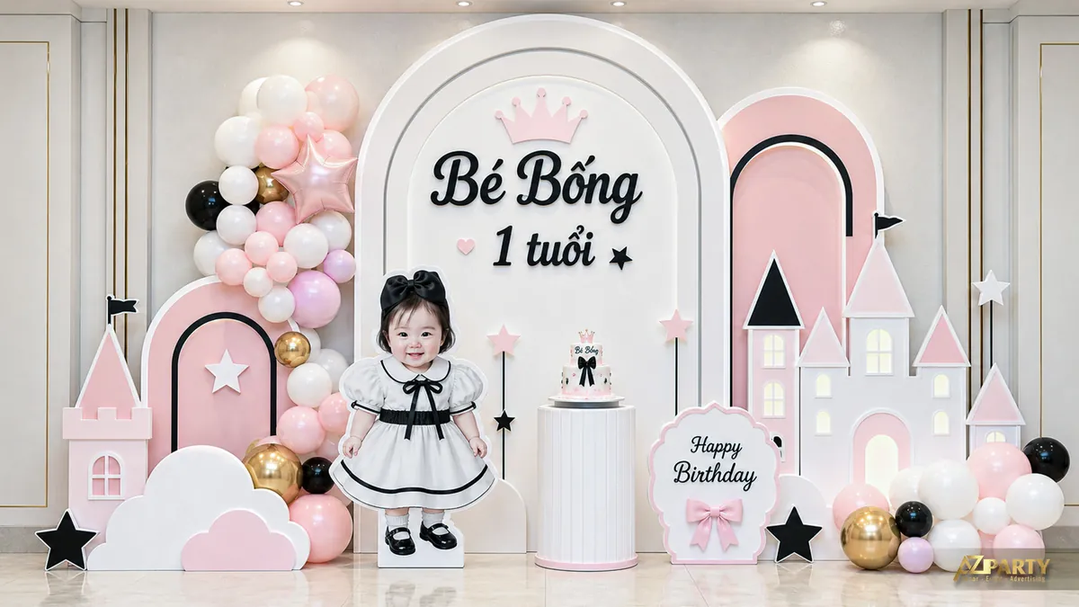 Góc thôi nôi bé Bống màu hồng đen với lâu đài, ngôi sao và bàn bánh nhỏ