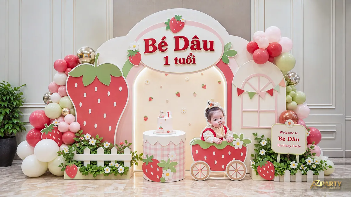 Chủ đề dâu tây đỏ hồng cho bé Dâu với hàng rào trắng và xe đẩy bánh