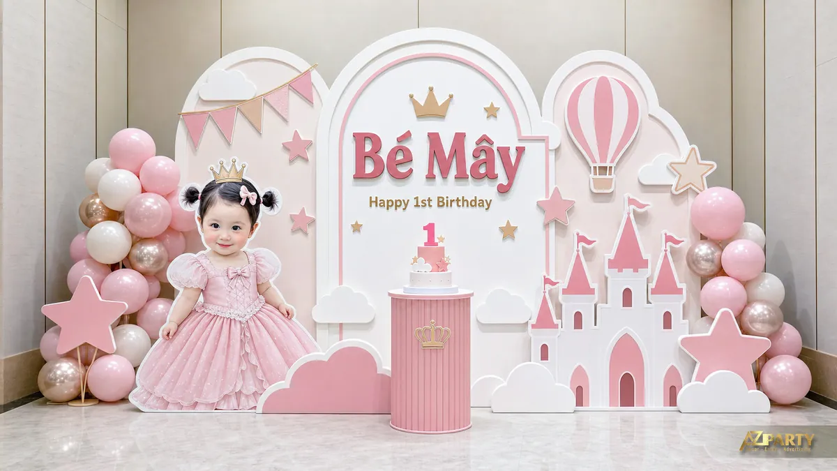 Backdrop thôi nôi bé Mây màu hồng với lâu đài, khinh khí cầu và cụm bóng pastel
