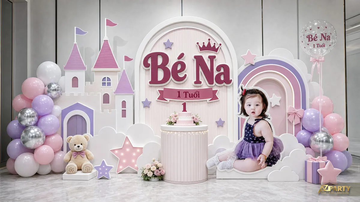 Góc tiệc bé Na màu tím pastel với lâu đài, cầu vồng và gấu bông
