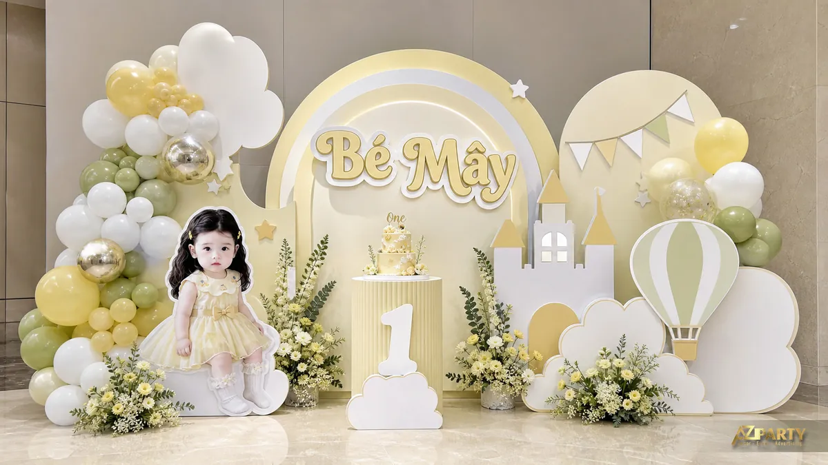 Mẫu thôi nôi bé Mây màu vàng kem với lâu đài, khinh khí cầu và hoa trắng