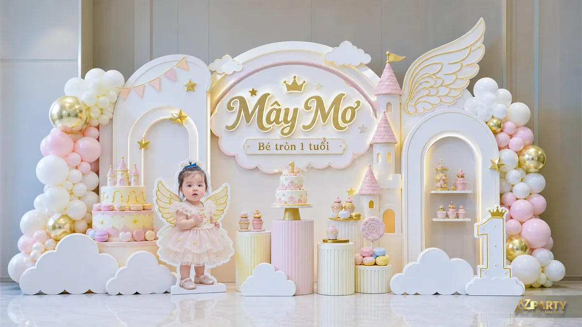 Backdrop pastel cho bé Mây Mơ với lâu đài, đôi cánh và bàn gallery hai bên